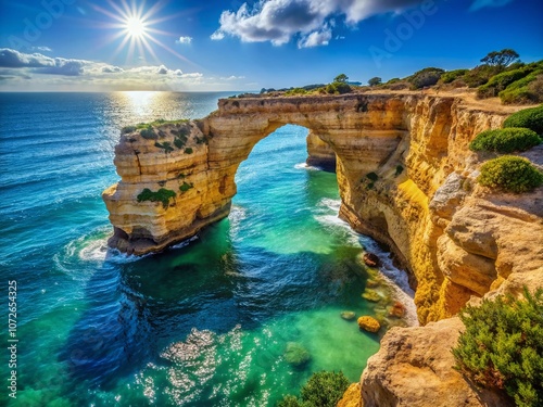 Breathtaking View of Natural Arch Over Ocean in Algarve, Portugal on a Sunny Day with Clear Blue Skies and Turquoise Waters, Showcasing the Beauty of Coastal Landscapes