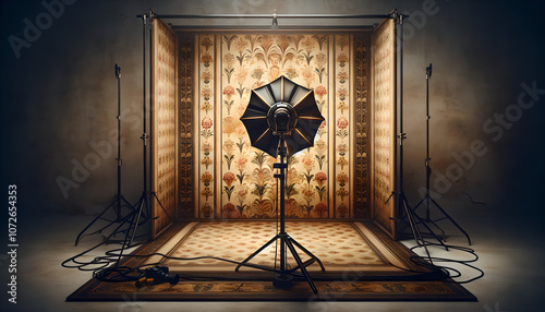 Vintage wallpapered wall with faded patterns in studio lighting