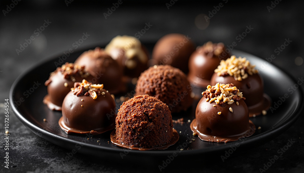 Assorted chocolate truffles on dark plate