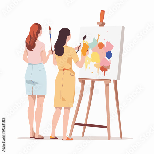 art, creativity and inspiration concept - back view of young beautiful woman artist painting at home or studio, Female artist painting on canvas in studio. Woman painter at workspace.	