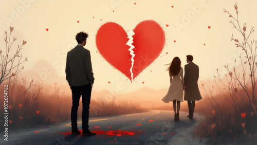 Emotional scene of heartbreak with couple walking away from broken heart
