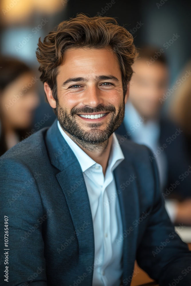 Confident businessman smiling in a meeting, dressed in a suit, with blurred colleagues in the background Confident businessman smiling in a meeting, dressed in a suit, with blurred colleagues in the background