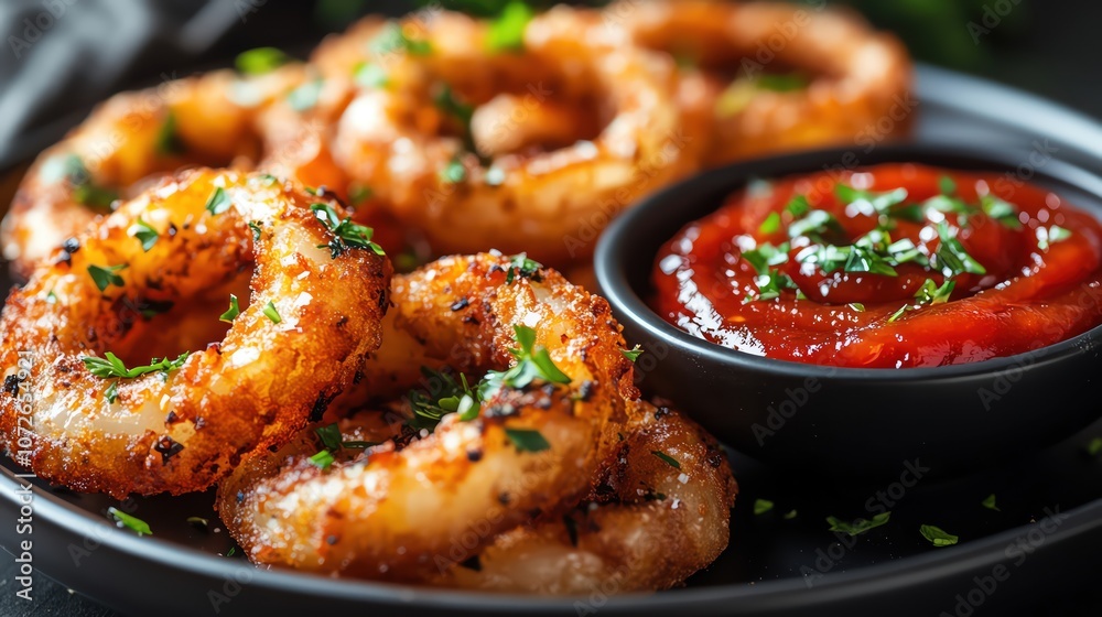 Crispy onion rings with ketchup dip on a black plate, dark background, topdown shot Crispy onion rings with ketchup dip on a black plate, dark background, topdown shot