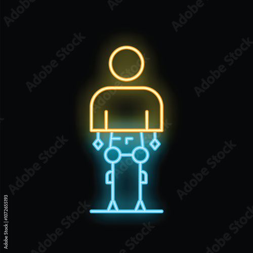 Neon glowing icon of a person transforming with their exoskeleton being attached