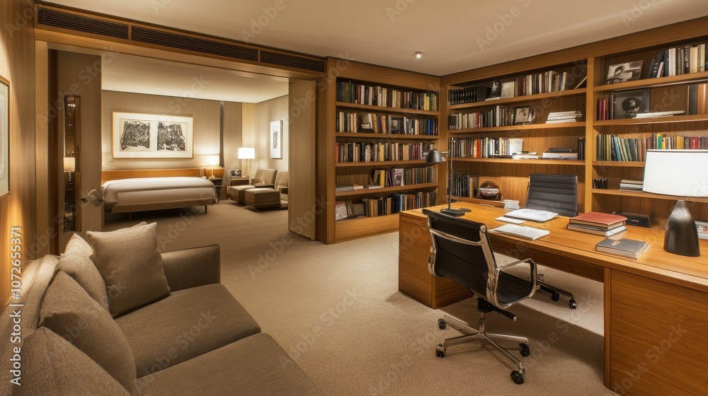 Modern Hotel Room with Bookcase and Workspace Modern Hotel Room with Bookcase and Workspace
