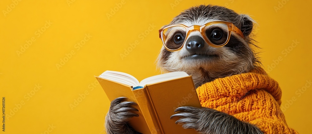 Obraz premium Sloth reading a book, bright yellow background, studious