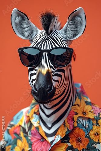 Zebra in a floral shirt with sunglasses on its head, standing against a pastel coral background photo