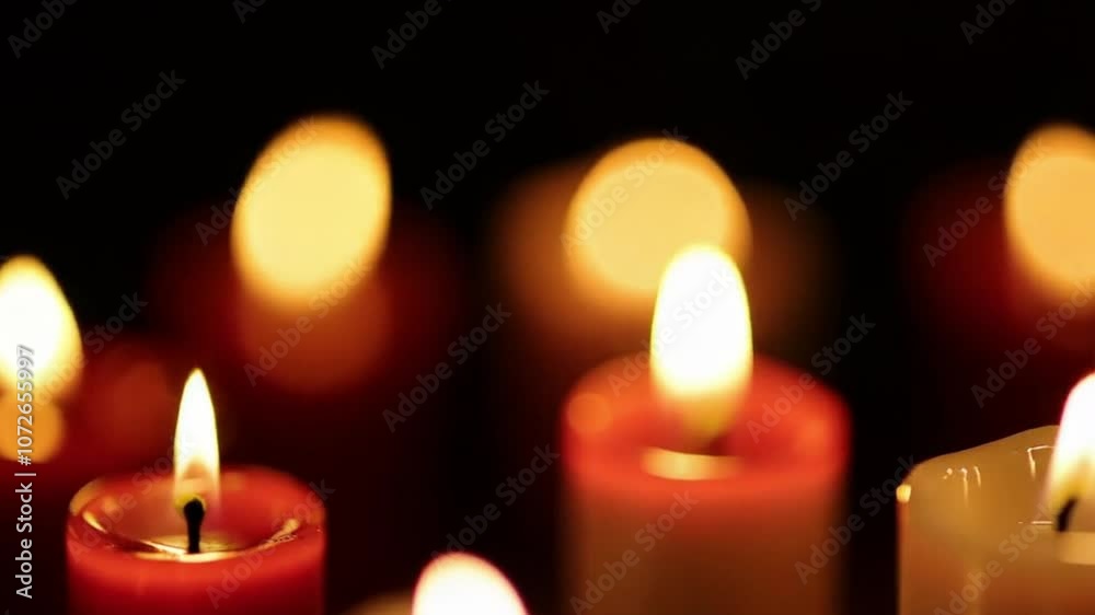 Many burning candles with shallow depth, creating a serene atmosphere in a seamless 4k video animation.