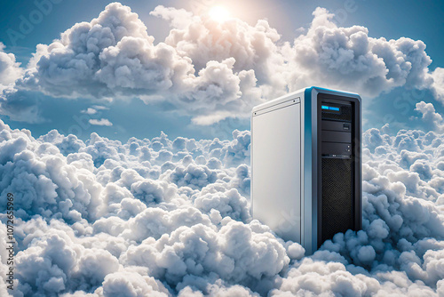 A computer surronded by clouds with a blue background background