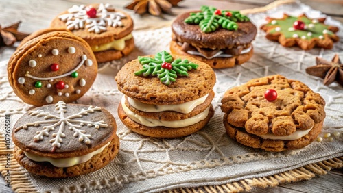 Festive Gingerbread Cookies Decorated with Holiday Motifs and Creamy Filling on a Rustic Wooden Background