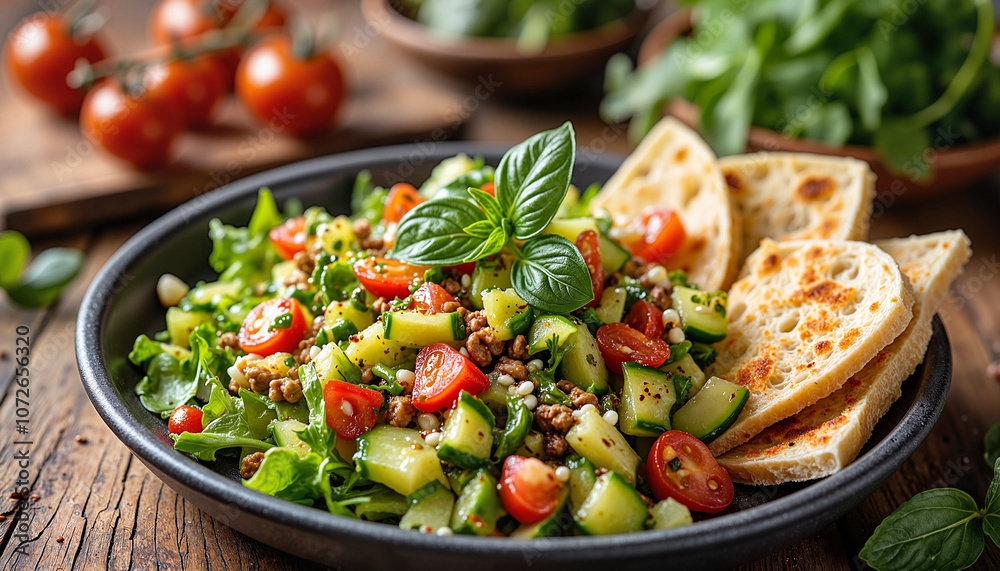 Colorful Mediterranean salad with pita bread on rustic table Colorful Mediterranean salad with pita bread on rustic table