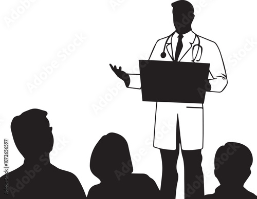 Silhouette of a doctor presenting research results on a board, engaging audience vector silhouette