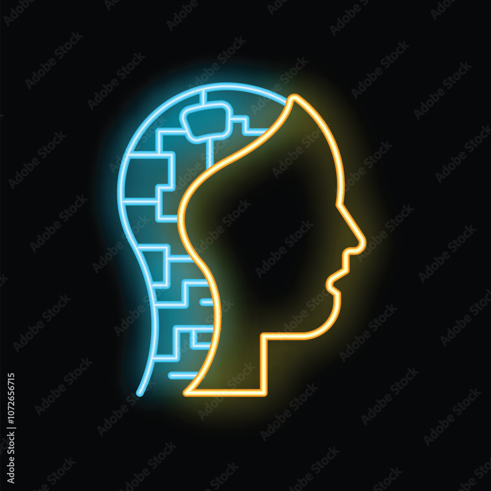 Bright neon icon showing a human head with a circuit board pattern, representing the concept of artificial intelligence Bright neon icon showing a human head with a circuit board pattern, representing the concept of artificial intelligence