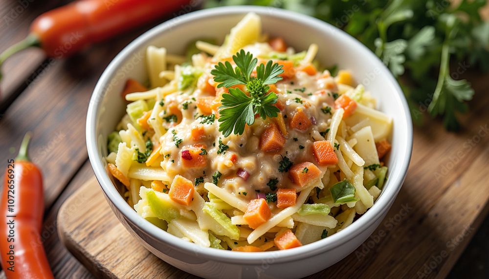 Creamy vegetable pasta salad with herbs in white bowl Creamy vegetable pasta salad with herbs in white bowl
