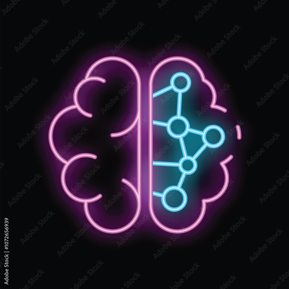 Neon sign of a brain illustrating artificial intelligence with network nodes glowing in the dark Neon sign of a brain illustrating artificial intelligence with network nodes glowing in the dark