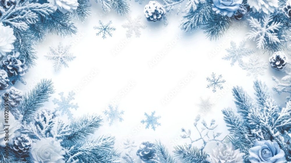 A white background with a light blue winter floral border, featuring snowflakes, pine branches, and roses A white background with a light blue winter floral border, featuring snowflakes, pine branches, and roses