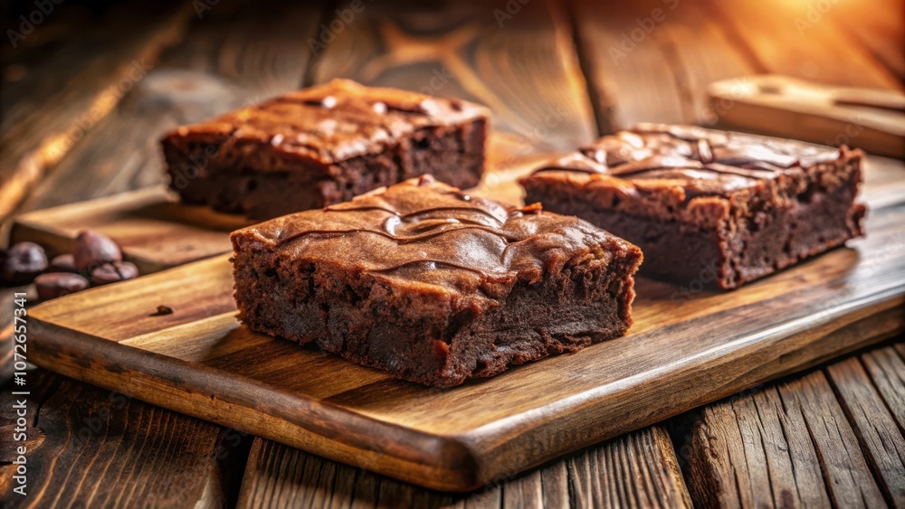 A close-up of freshly baked fudgy brownies with a chocolate glaze, resting on a rustic wooden cutting board, bathed in warm, inviting light.