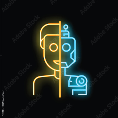 Neon sign depicting the right half of a human face merging with the left half of a robot face, symbolizing the fusion of human and artificial intelligence