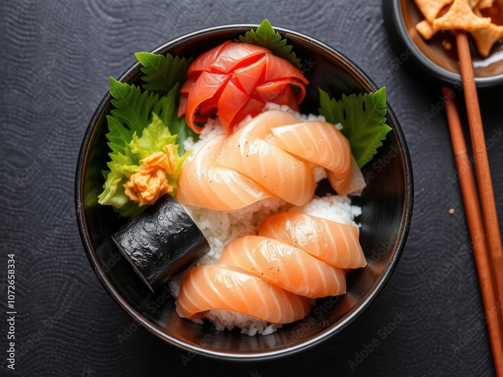 Assorted sushi platter featuring a variety of rolls and sashimi, raw fish, fresh Assorted sushi platter featuring a variety of rolls and sashimi, raw fish, fresh