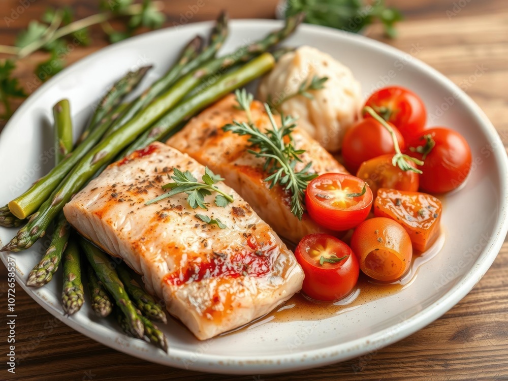 Baked salmon garnished with asparagus and tomatoes, topped with fresh herbs on a white plate, healthy, food Baked salmon garnished with asparagus and tomatoes, topped with fresh herbs on a white plate, healthy, food