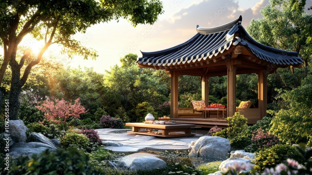 Tranquil Garden Pavilion with Blossoming Trees Tranquil Garden Pavilion with Blossoming Trees
