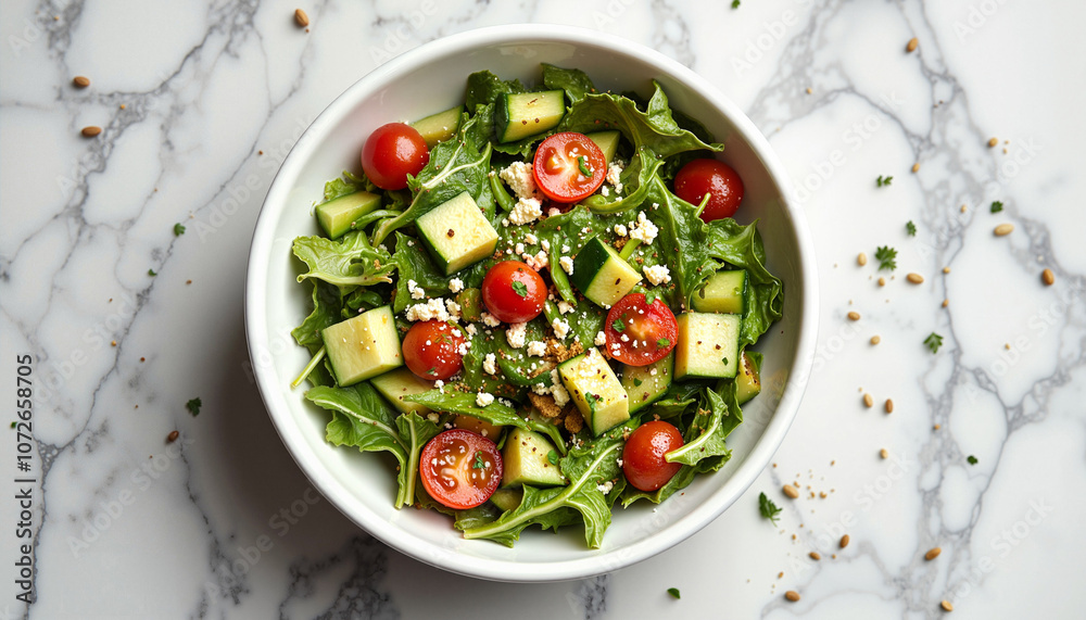 Fresh Greek salad with feta in white bowl on marble Fresh Greek salad with feta in white bowl on marble