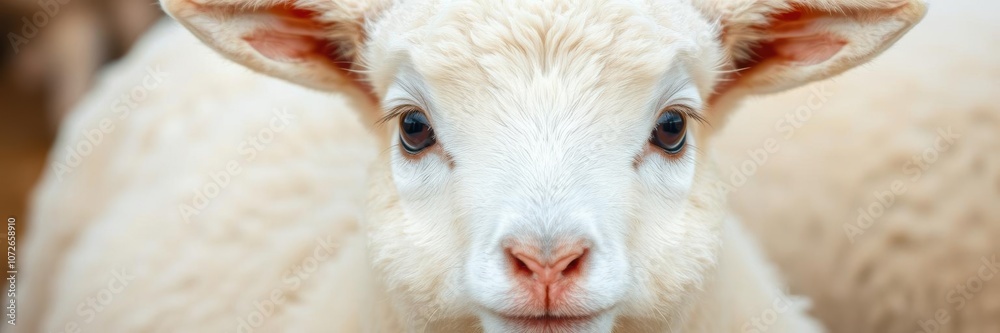 Close up of a fluffy white lamb's face with expressionless eyes and a soft nose, expressionless, farm Close up of a fluffy white lamb's face with expressionless eyes and a soft nose, expressionless, farm