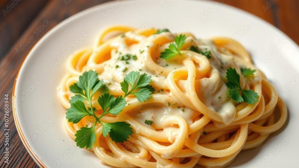 Close-up of delicious Italian fettuccine pasta with creamy alfredo sauce, garnished with fresh parsley, alfredo sauce, Italian Close-up of delicious Italian fettuccine pasta with creamy alfredo sauce, garnished with fresh parsley, alfredo sauce, Italian