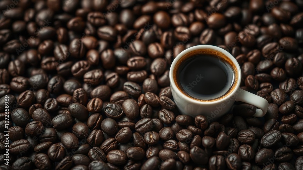 Fototapeta premium Close up of roasted coffee beans covering the entire frame, beans, drink