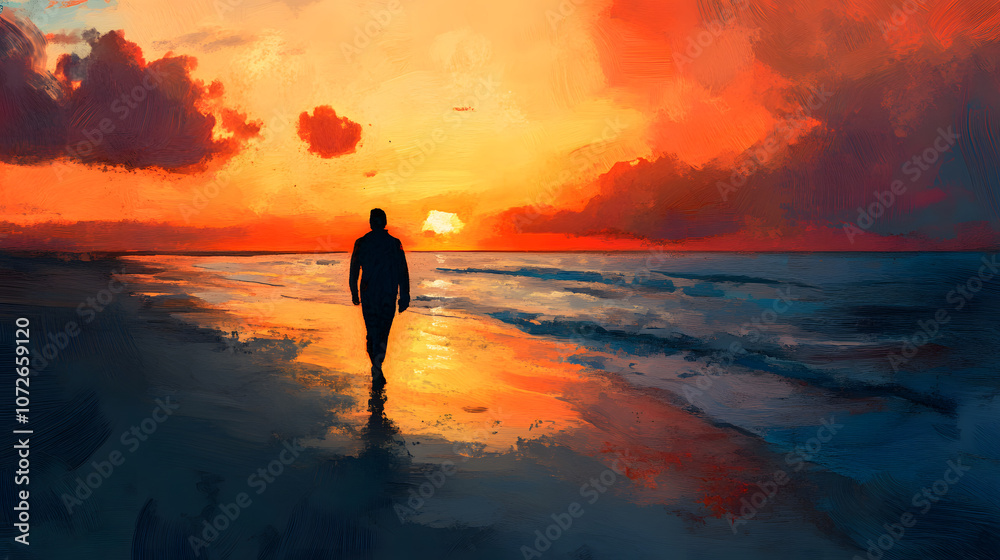A peaceful sunset walk along the beach, inviting reflection and calm. A peaceful sunset walk along the beach, inviting reflection and calm.