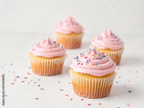 Delicious birthday cupcake with pink frosting and sprinkles on a white table, with a light background, birthday, pink