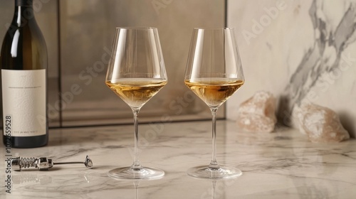 Fototapeta Naklejka Na Ścianę i Meble -  Elegant Wine Glasses with White Wine on Marble Surface