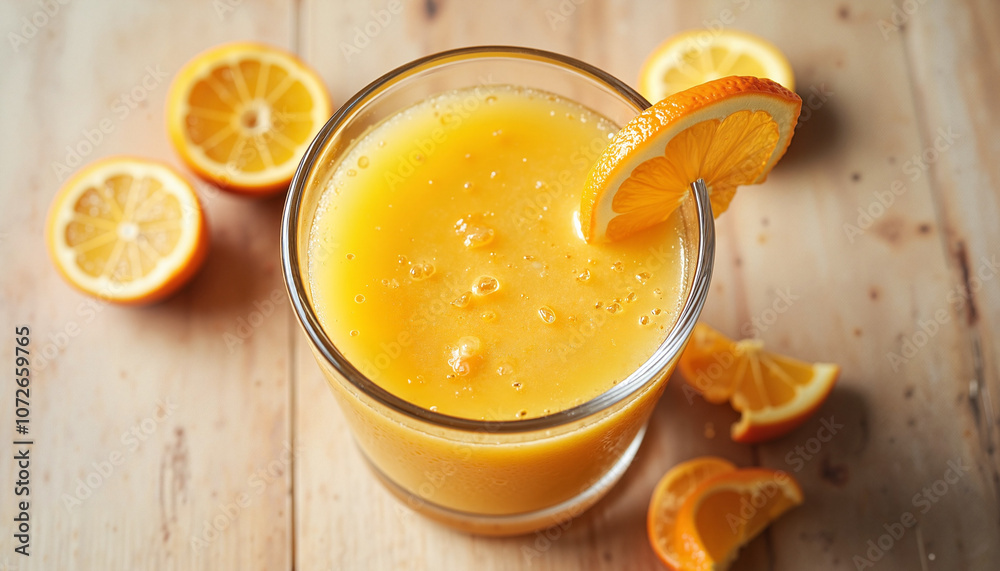 Fresh orange juice with citrus slices on wooden table Fresh orange juice with citrus slices on wooden table