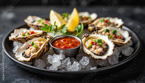 Fresh oysters with spicy sauce on ice plate