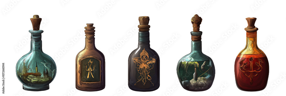 Set of five antique fantasy bottles with magical liquid inside. Bottle unique design with different color of liquid. Used for various purposes, as potions, elixirs, magical concoctions. Transparent. Set of five antique fantasy bottles with magical liquid inside. Bottle unique design with different color of liquid. Used for various purposes, as potions, elixirs, magical concoctions. Transparent.