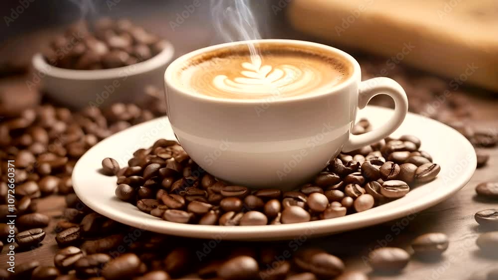 vanilla latte served with coffee beans,,seamless looping 4k video background vanilla latte served with coffee beans,,seamless looping 4k video background