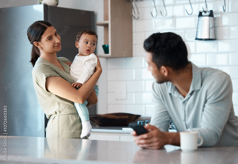 Mother, baby and careless father in home neglect family with support, help or accountability in kitchen. Phone, web addiction or woman with kid, attention or distracted man with parent responsibility Mother, baby and careless father in home neglect family with support, help or accountability in kitchen. Phone, web addiction or woman with kid, attention or distracted man with parent responsibility