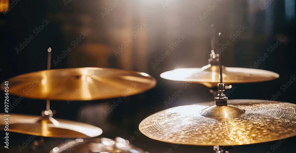 Close-up of cymbals on drum set illuminated by spotlights in dark setting Close-up of cymbals on drum set illuminated by spotlights in dark setting