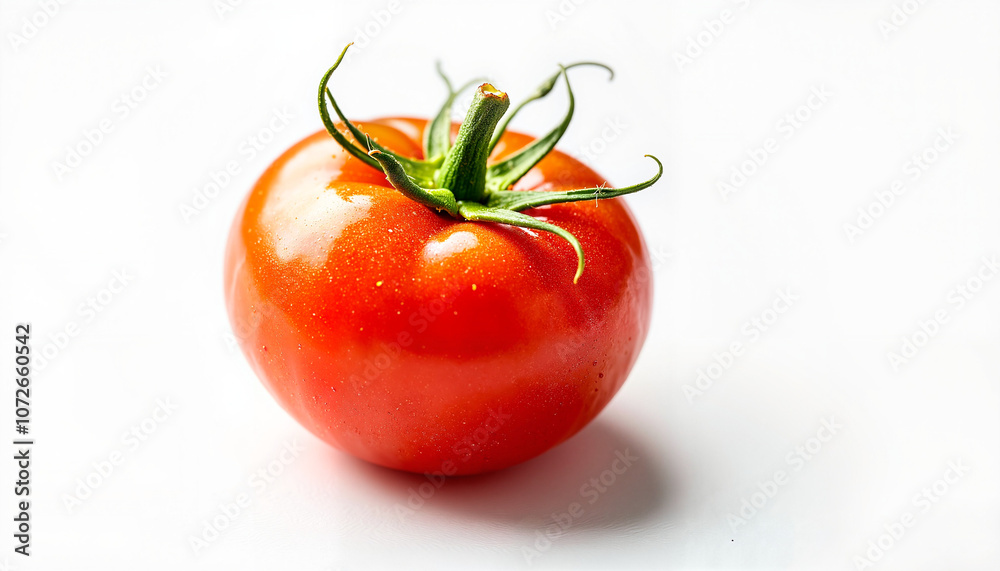 Fresh ripe tomato with green stem on white background Fresh ripe tomato with green stem on white background