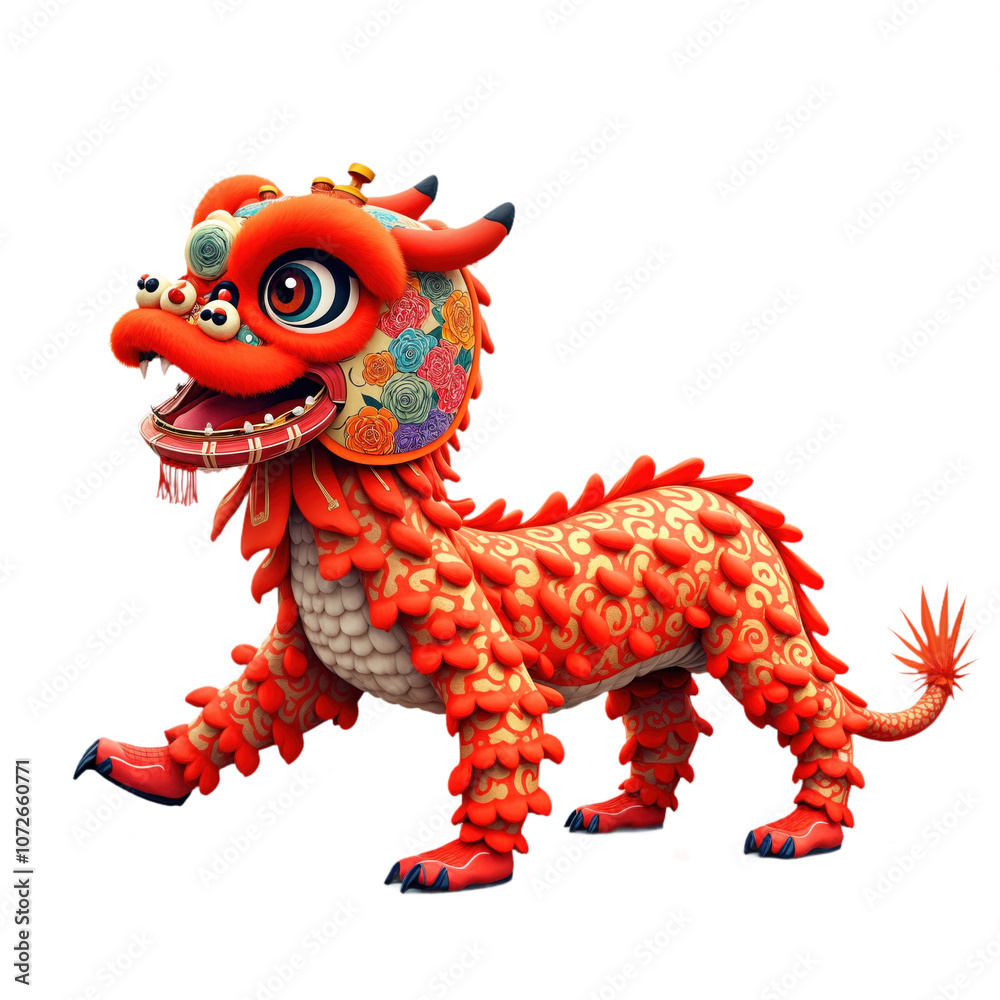 Fototapeta premium Red Chinese lion dance costume. Traditional Asian animal, new year celebration. Folklore, magic, fortune. Happy New Year. Lunar calendar, zodiac animal. Chinese culture, tradition, festival, Isolated.