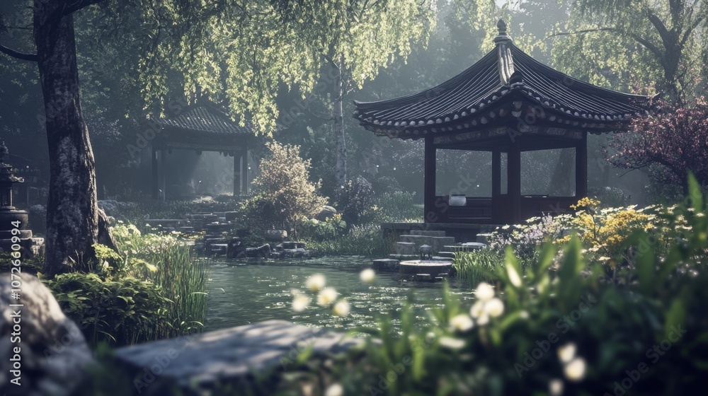 Serene Garden with Pagodas and Lush Greenery Serene Garden with Pagodas and Lush Greenery