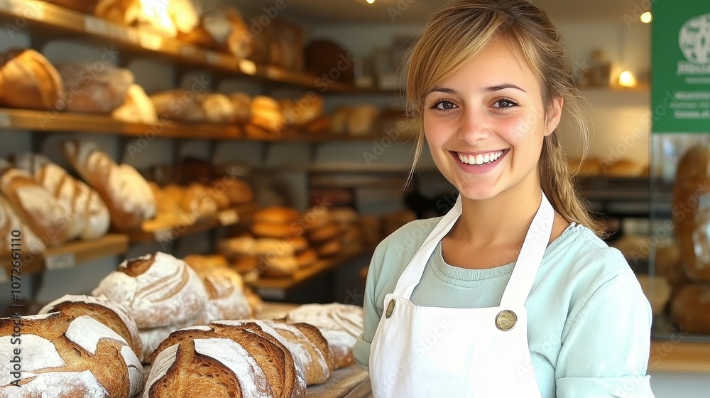 A smiling woman stands behind a counter with apron on, holding a tray of bread. The bakery is filled with various types of bread, including baguettes and rolls. The atmosphere is warm and inviting A smiling woman stands behind a counter with apron on, holding a tray of bread. The bakery is filled with various types of bread, including baguettes and rolls. The atmosphere is warm and inviting