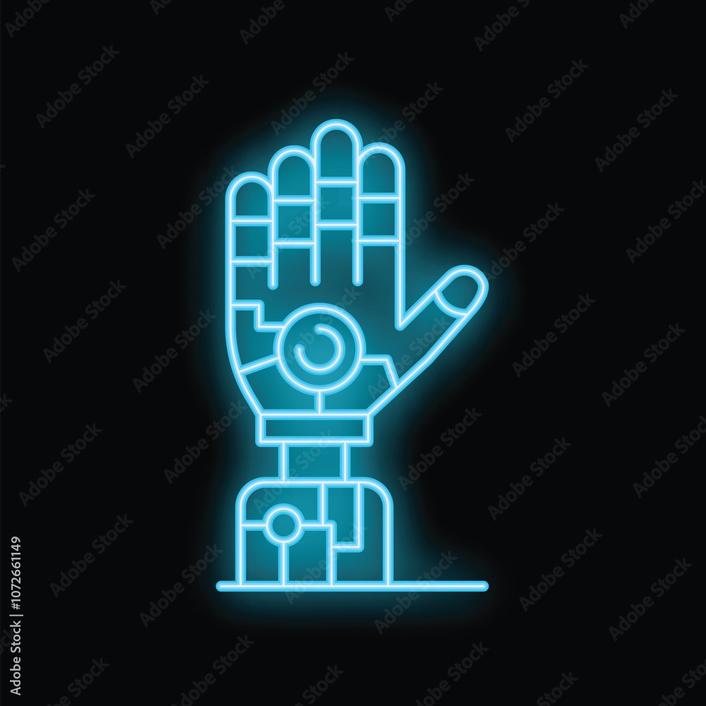 Blue neon sign of a robotic hand showing an open palm against a black background Blue neon sign of a robotic hand showing an open palm against a black background