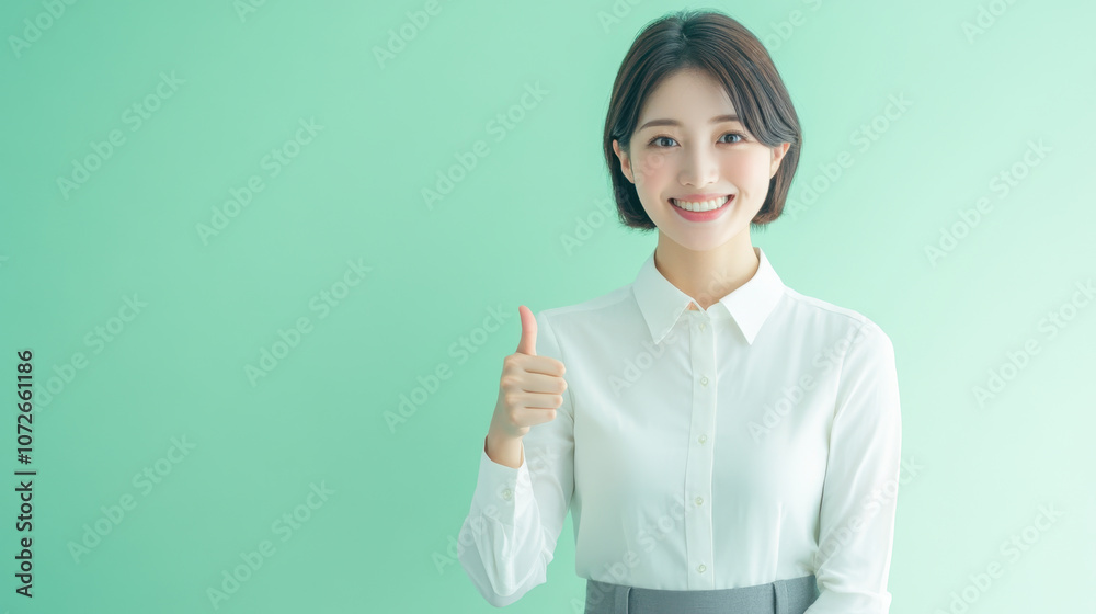 smiling woman with short hair is giving thumbs up gesture against light green background, conveying positivity and confidence smiling woman with short hair is giving thumbs up gesture against light green background, conveying positivity and confidence