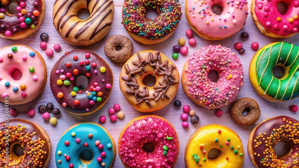 A vibrant array of colorful donuts, each uniquely decorated with sprinkles, drizzles, and candy, lies scattered on a light wooden surface, creating a delightful visual feast. A vibrant array of colorful donuts, each uniquely decorated with sprinkles, drizzles, and candy, lies scattered on a light wooden surface, creating a delightful visual feast.