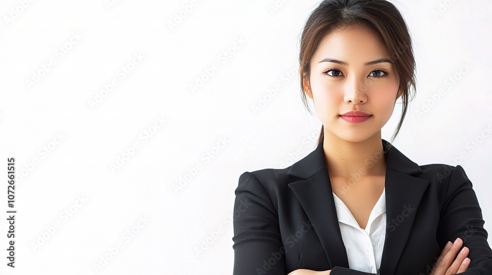 Confident Young Asian Businesswoman Posing Elegantly for Professional Portrait in Formal Attire with Arms Crossed and Direct Gaze Displaying Self-Assurance and Empowerment