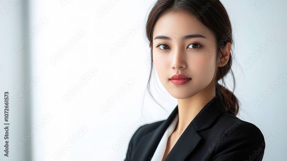 Confident Young Asian Businesswoman Posing Elegantly in Professional Attire Against a Light Background, Radiating Success and Determination in a Modern Business Environment Confident Young Asian Businesswoman Posing Elegantly in Professional Attire Against a Light Background, Radiating Success and Determination in a Modern Business Environment