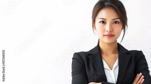 Confident Young Asian Businesswoman Posing Elegantly for Professional Portrait in Formal Attire with Arms Crossed and Direct Gaze Displaying Self-Assurance and Empowerment