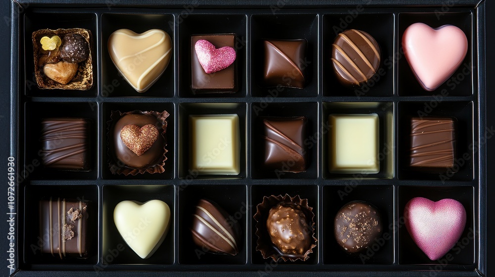 A box of assorted chocolates with hearts on them. The box is black and the chocolates are of different colors and shapes A box of assorted chocolates with hearts on them. The box is black and the chocolates are of different colors and shapes