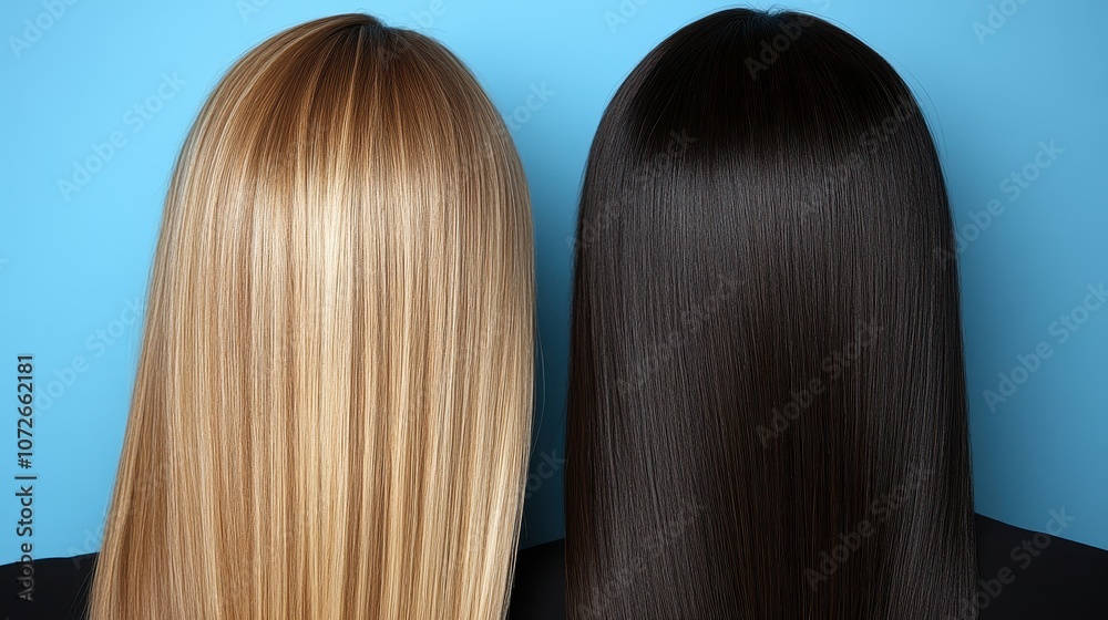 Two women with different hair colors, one blonde and one black. The black hair is long and shiny Two women with different hair colors, one blonde and one black. The black hair is long and shiny